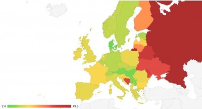 Europos plagijavimo tendencijų žemėlapis pagal dokumentų tikrinimo vietą (Plag.lt nuotr.)