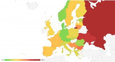 Europos plagijavimo tendencijų žemėlapis pagal dokumento kalbą (Plag.lt nuotr.)