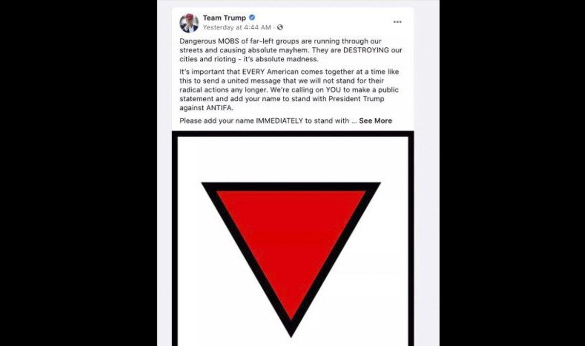 „Facebook“ pašalino Trumpo politinę reklamą dėl nacių simbolio panaudojimo