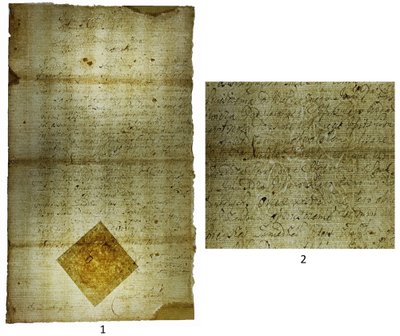 1 – Liudijimas generolo Jono Šiškevičiaus. LDK, 1718 m. 2 – vandenženklis su Vyčiu. TIM raštijos rinkinys. Deinarovičiaus nuotr.