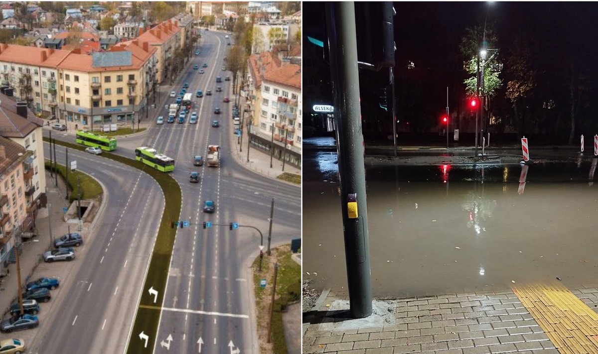 Kairėje: asociatyvi eismo Kaune nuotr., dešinėje: skaitytojo atsiųsta patvinusios perėjos nuotrauka
