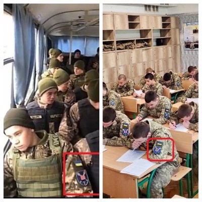Tiek neva į frontą vežami paaugliai, tiek esantys klasėje yra Karo mokyklos studentai, o tai yra ant jų uniformų esantis ženklas.
