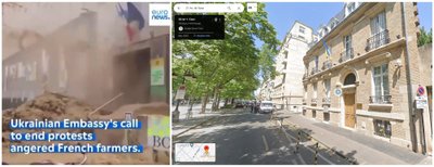 Kairėje – pastatas iš vaizdo įrašo, dešinėje – tikrasis Ukrainos ambasados Paryžiuje pastatas