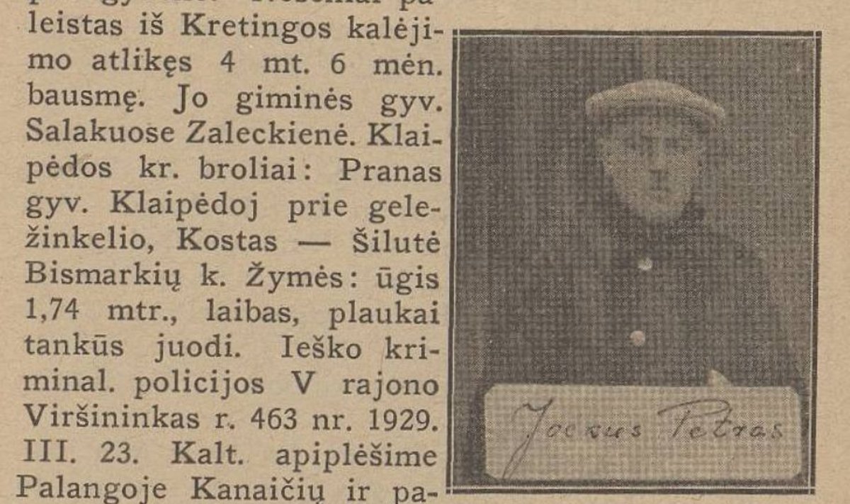 Ieškomas Petras Jockus. „Kriminalinės žinios policijai“, 1929 m., balandžio 30d. Nr. 6, p.1