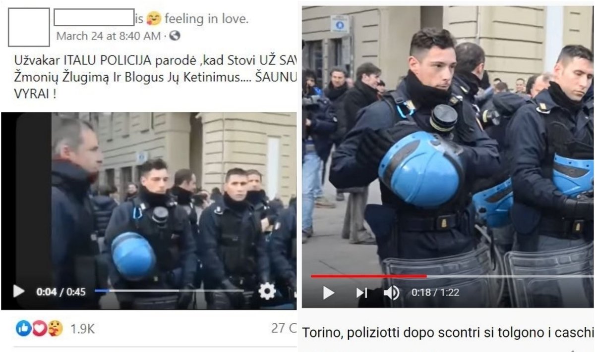 Kairėje - klaidinanti žinutė, dešinėje - reportažas iš Turine 2013 m. gruodį vykusio protesto