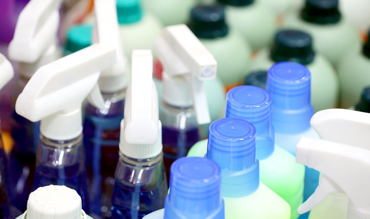 Detergents in plastic bottles, close-up