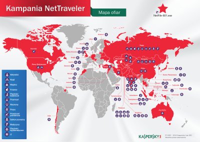 Mapa ofiar NetTraveler. Foto. Kaspesky Lab