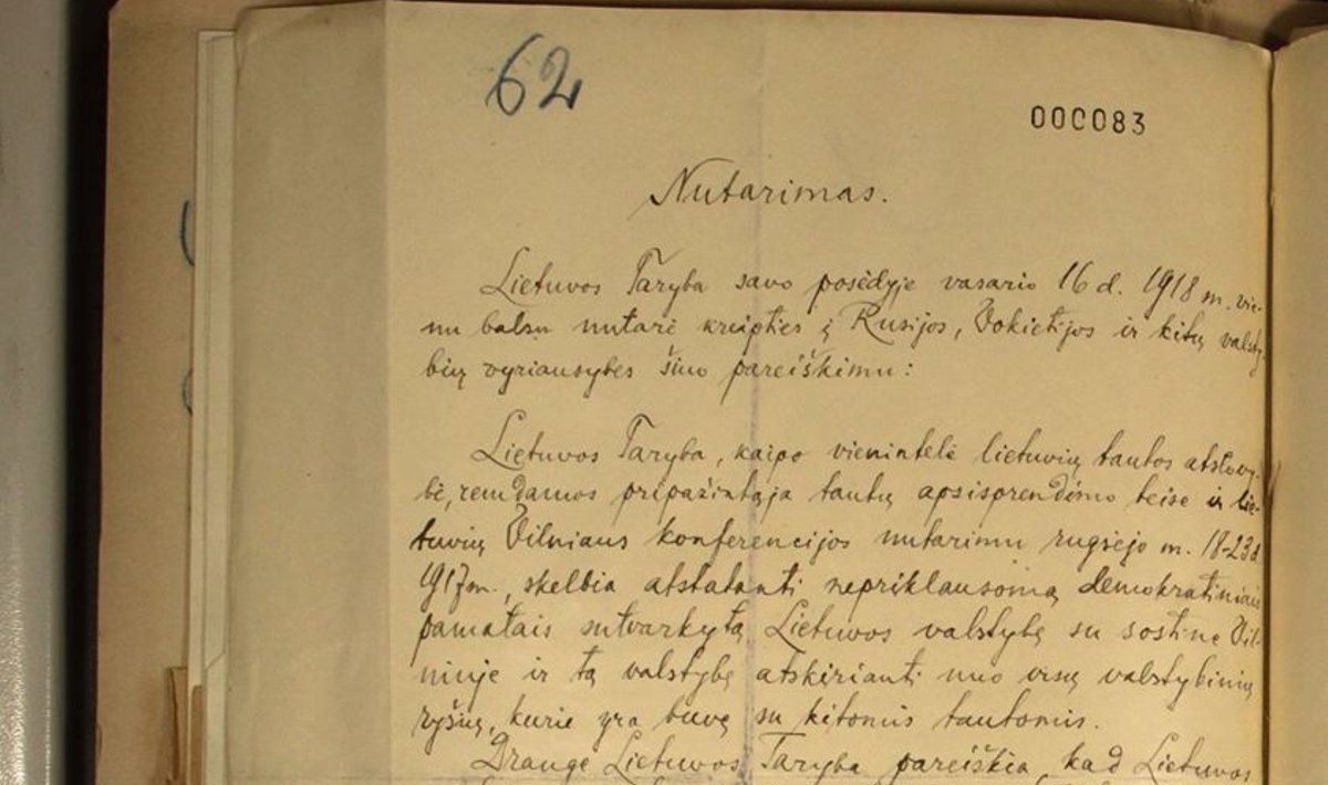 The long-sought original document of the Lithuanian Independence Act signed on February 16 1918 was discovered in Germany