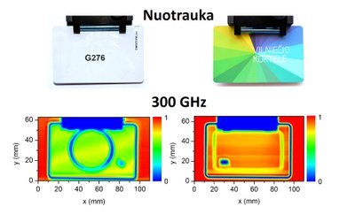Elektroninės durų kortelės ir Vilniečio kortelės nuotrauka ir THz vaizdas ties 300 GHz (0.3 THz). L. Minkevičiaus, R. Venckevičiaus ir K. Madeikio nuotraukos ir THz vaizdinimo eksperimentai.