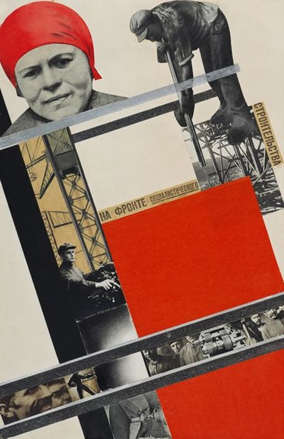 Gustavs Klucis. Socializmo kūrimo fronte, plakatas, 1927–1928. Fotomontažas, koliažas, guašas, piešukas, tušas ir aliuminio folija ant popieriaus. LNMA kolekcija. Fotografas Normunds Brasliņš. 