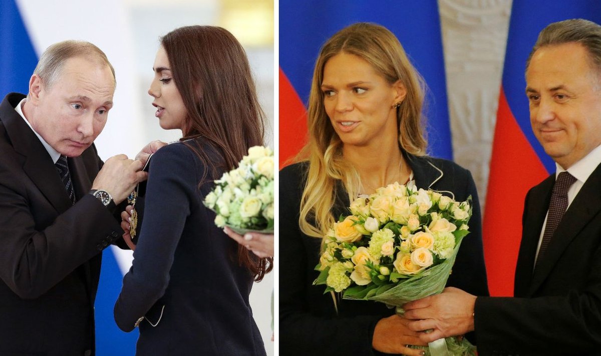 Vladimiras Putinas, Margarita Mamun, Julija Jefimova ir Vitalijus Mutko (AP/Reuters/Scanpix nuotr.)