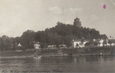 1916 metų nuotrauka. Gedimino pilies kalnas visas užžėlęs medžiais