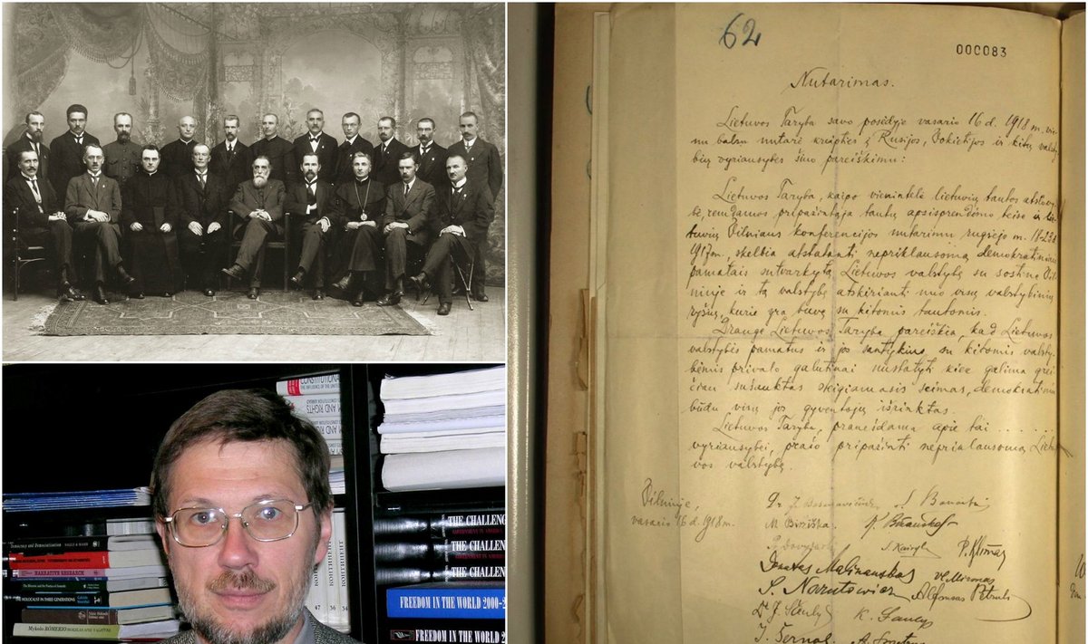 The original copy of Lithuania's Act of Independence of 1918, the signatories and Dr. Mažylis