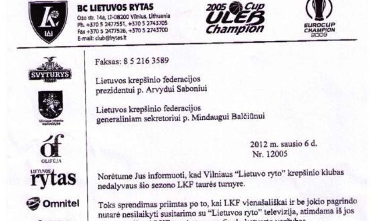 "Lietuvos ryto" raštas LKF
