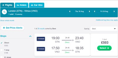 Net pigių skrydžių bendrovės bilietus dabar parduoda už kosmines sumas (2018 m. rugpjūčio 1 d. atliktos paieškos rezultatai).