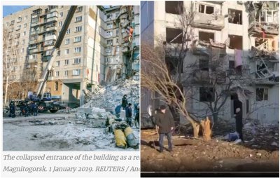 Kairėje – dėl dujų nuotėkio sprogęs pastatas Magnitogorske, Rusijoje, 2018 m.; dešinėje – sviedinio apgadintas pastatas Charkivo regione, Ukrainoje, 2022 m.
