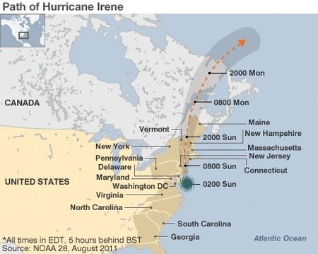 Uragano „Irene" trajektorija