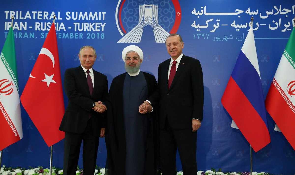 V. Putinas, R. T. Erdoganas ir H. Rouhani