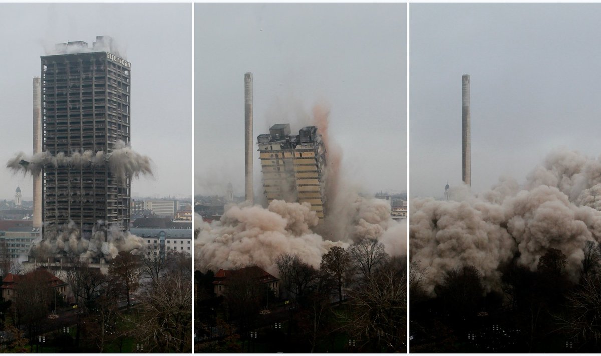 Frankfurte įspūdingai nugriautas Universiteto bokštas