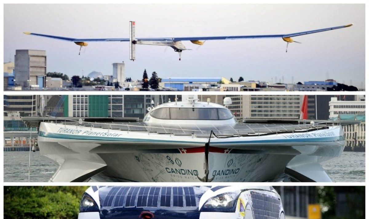 Saulės energija varomi orlaivis, automobilis ir motorinis laivas (DELFI montažas)