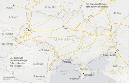 Dujotiekių linijos Ukrainoje ir Kryme (nytimes.com nuotr.)
