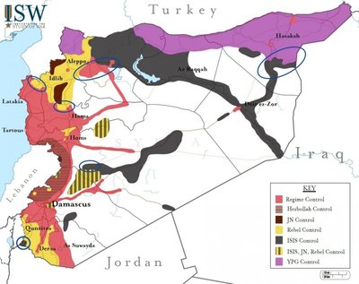 Įtakos zonos Sirijoje, 2015 m. gruodžio 23 d. duomenimis (ISW nuotr.)