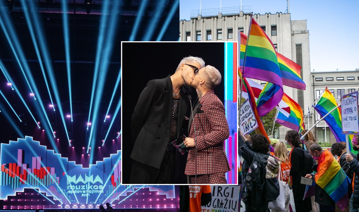 Lukas Gricius ir Naglis Bierancas bučiavosi M.A.M.A apdovanojimų scenoje / Foto: Katažyna Polubinska ir Delfi