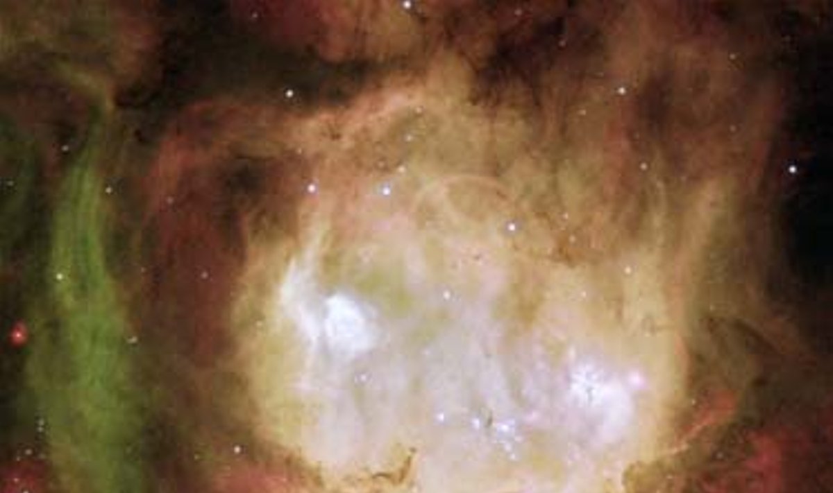 Dar vienoje “Hubble” teleskopu padarytoje nuotraukoje - gamtos ir mokslininkų kūrybos rezultatas. Astronomai panaudojo skirtingas spektro spalvas, kurias skleidžia vandenilis ir deguonis, kad užfiksuotų žvaigždžių radimosi proceso momentus Vaiduoklio Galvos ūke Didžiajame Magelano Debesyje.