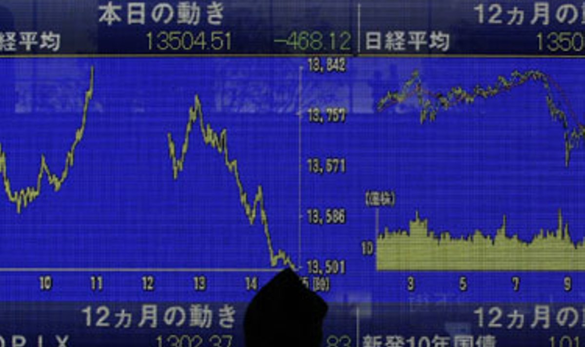 Žmogus stebi Tokijo akcijų biržos indeksus.