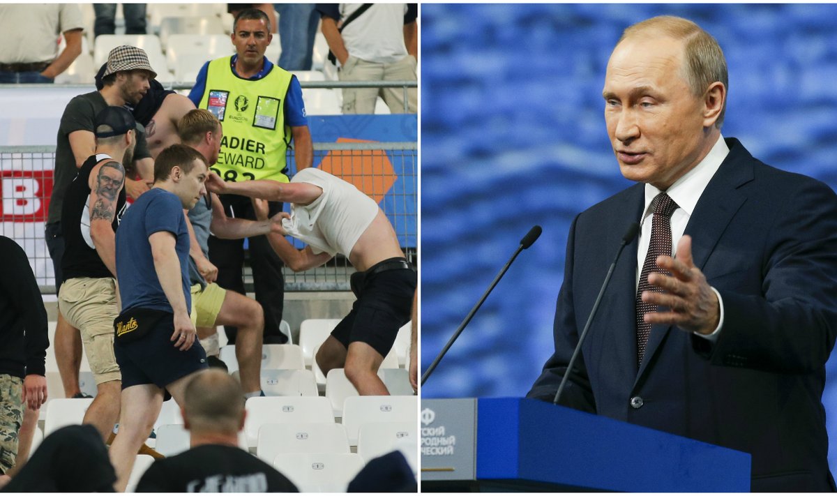 Vladimiras Putinas pasisakė apie futbolo sirgalių riaušes Prancūzijoje (AP ir Sputnik nuotr.)