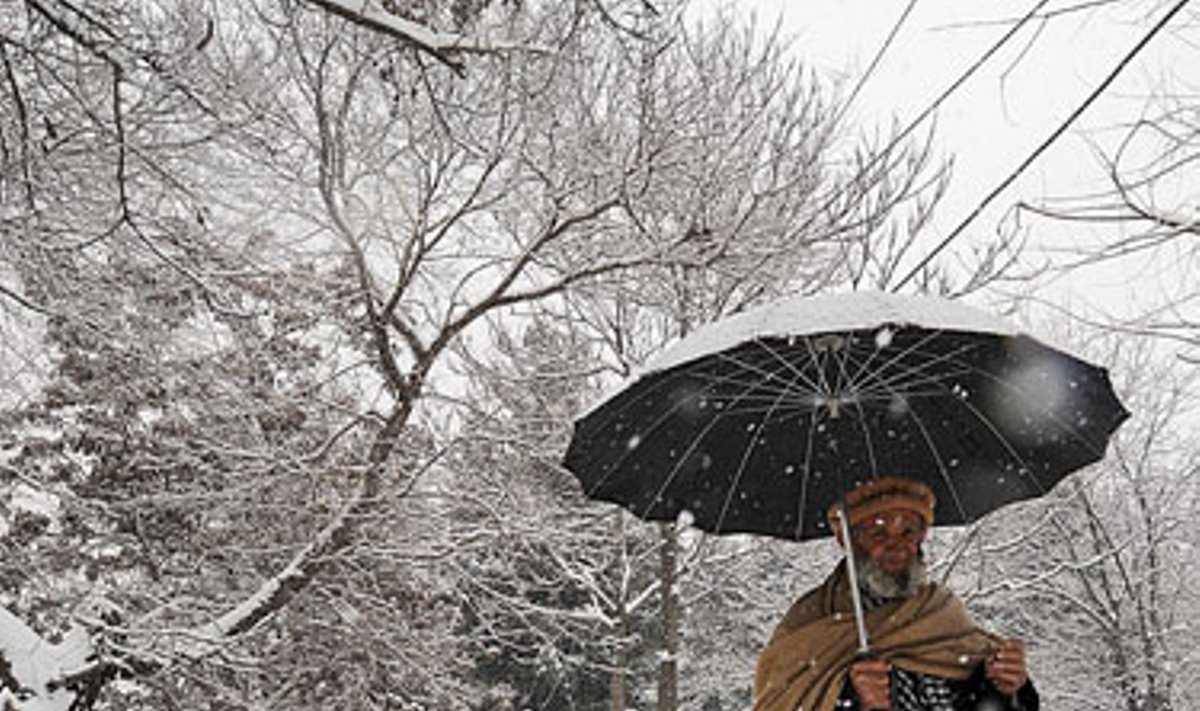 Pagyvenęs afganas žingsniuoja apsnigto Kabulo gatve. Afganistane iškritus gausiam sniegui žuvo 43 žmonės.