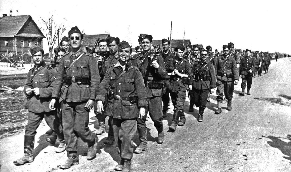 Vokiškomis uniformomis vilkintys ispanų pėstininkai žygiuoja į Rytus.