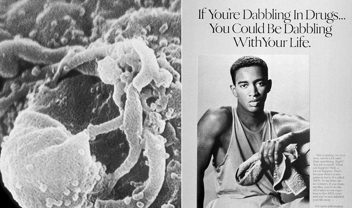 Dešinėje – ŽIV virusas, kairėje plakatas apie ŽIV