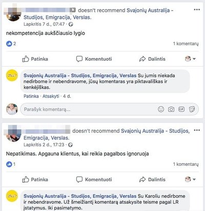 Įmonės "Svajonių Australija" feisbuko puslapio komentarai