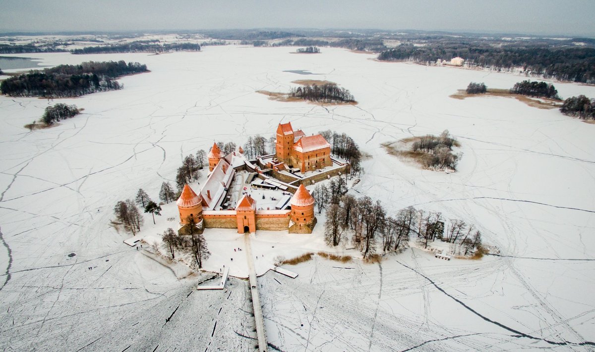 Trakai Castle surrounded by a frozen lake