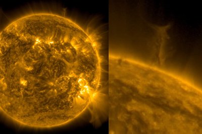 Saulės plazmos tornadas užfiksuotas Saulės šiauriniame disko pakraštyje.