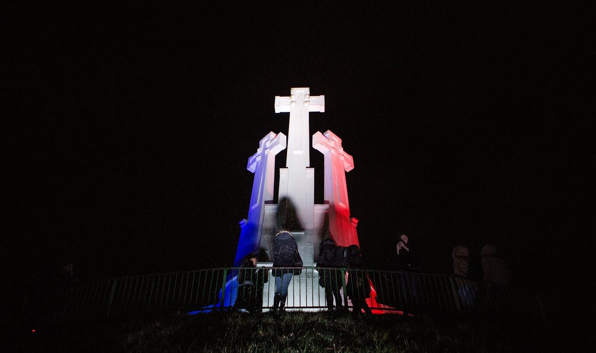 The Hill of Three Crosses in Vilnius was lit blue, white and red on Saturday evening