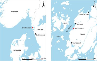 A. Žemėlapis, rodantis prie Skaftö nuskendusio laivo vietą. B. Skendimo vieta Skaftö salos ir kitų geografinių objektų atžvilgiu. Anders Gutehall, Visuell Arkeologi iliustr.