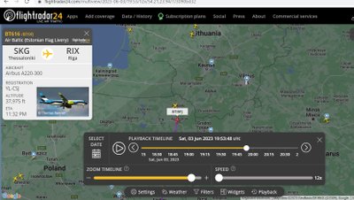 Lėktuvai į pietvakarius nuo Kauno, birželio 3 dieną, apie 22:53. Flightradar24 iliustr.