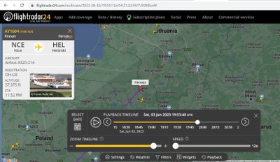 Lėktuvai į pietvakarius nuo Kauno, birželio 3 dieną, apie 22:53. Flightradar24 iliustr.