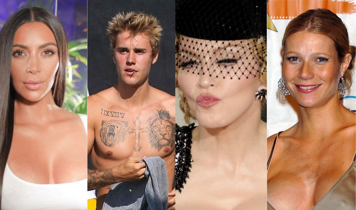 Kim Kardashian, Justinas Bieberis, Madonna, Gwyneth Paltrow