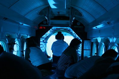 Prie langų susėdę keleiviai žavisi povandeninio pasaulio vaizdais