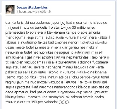 Juozo Statkevičiaus įrašas "Facebook"