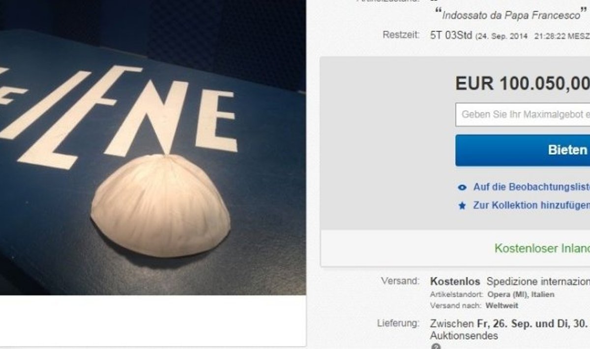 Už popiežiaus kepuraitę „eBay“ pasiūlyta daugiau kaip 100 tūkst. eurų