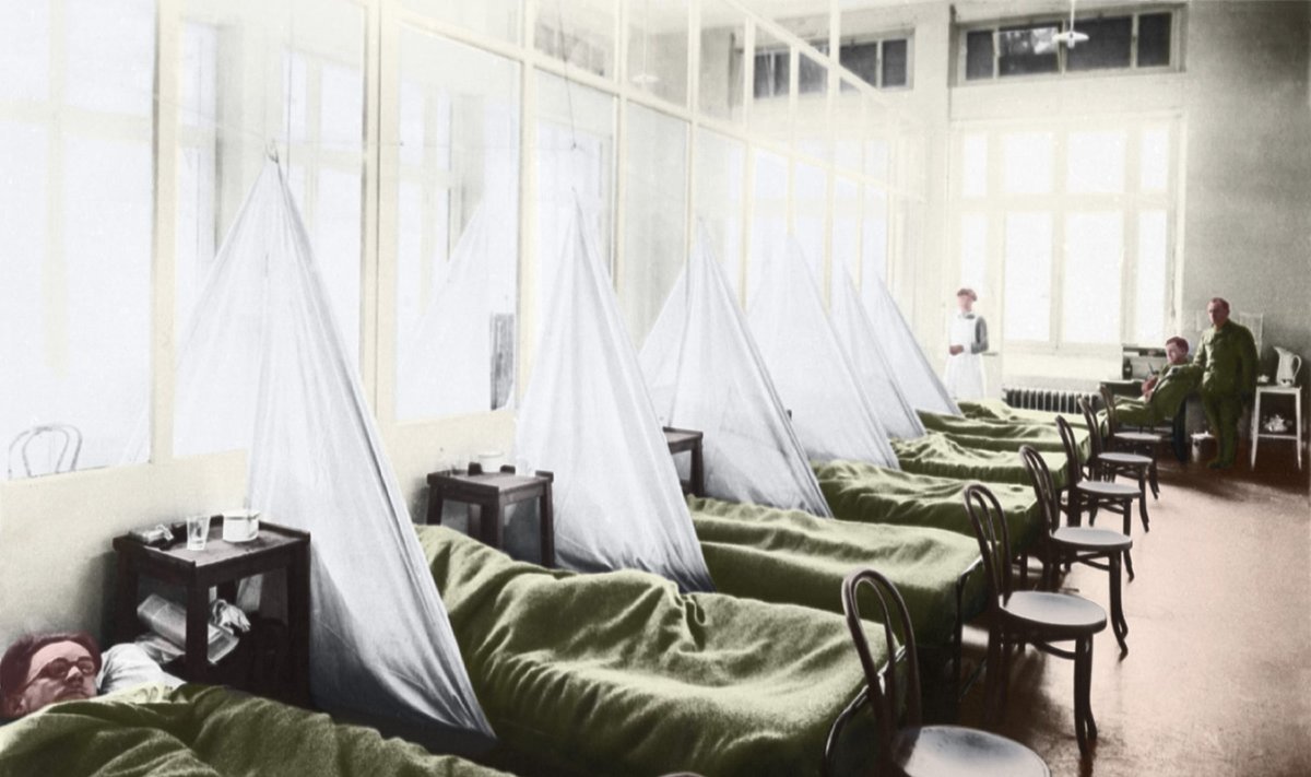 JAV kariuomenės stovyklos ligoninė Aix-les-Bains Prancūzijoje ispaniškojo gripo epidemijos metu 1918 m.
