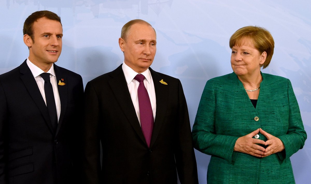  Emmanuelis Macronas, Vladimiras Putinas, Angela Merkel
