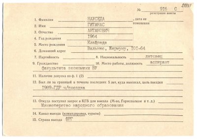 KGB kortelė dėl G. Nausėdos išvykos į Vokietiją. 