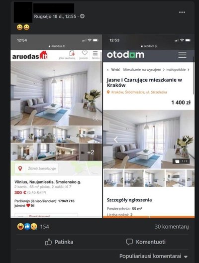 Vienas naujausių pranešimų apie galimą sukčiavimą. Tos pačios buto nuotraukos galimai naudojamos ir Lenkijoje, ir Lietuvoje esančiam turtui. 