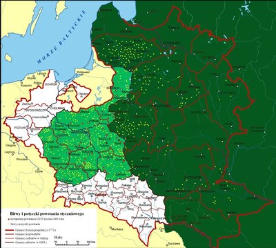 Lenkų ir lietuvių sukilimo prieš rusų jungą (1863-1864 m.) mūšių vietos (pažymėtos geltonais taškais) 