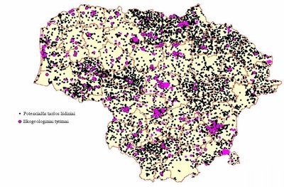 Potencialūs taršos židiniai (juodi taškai) ir atlikti tyrimai (violetiniai taškai) / Lietuvos geologijos tarnybos inf.